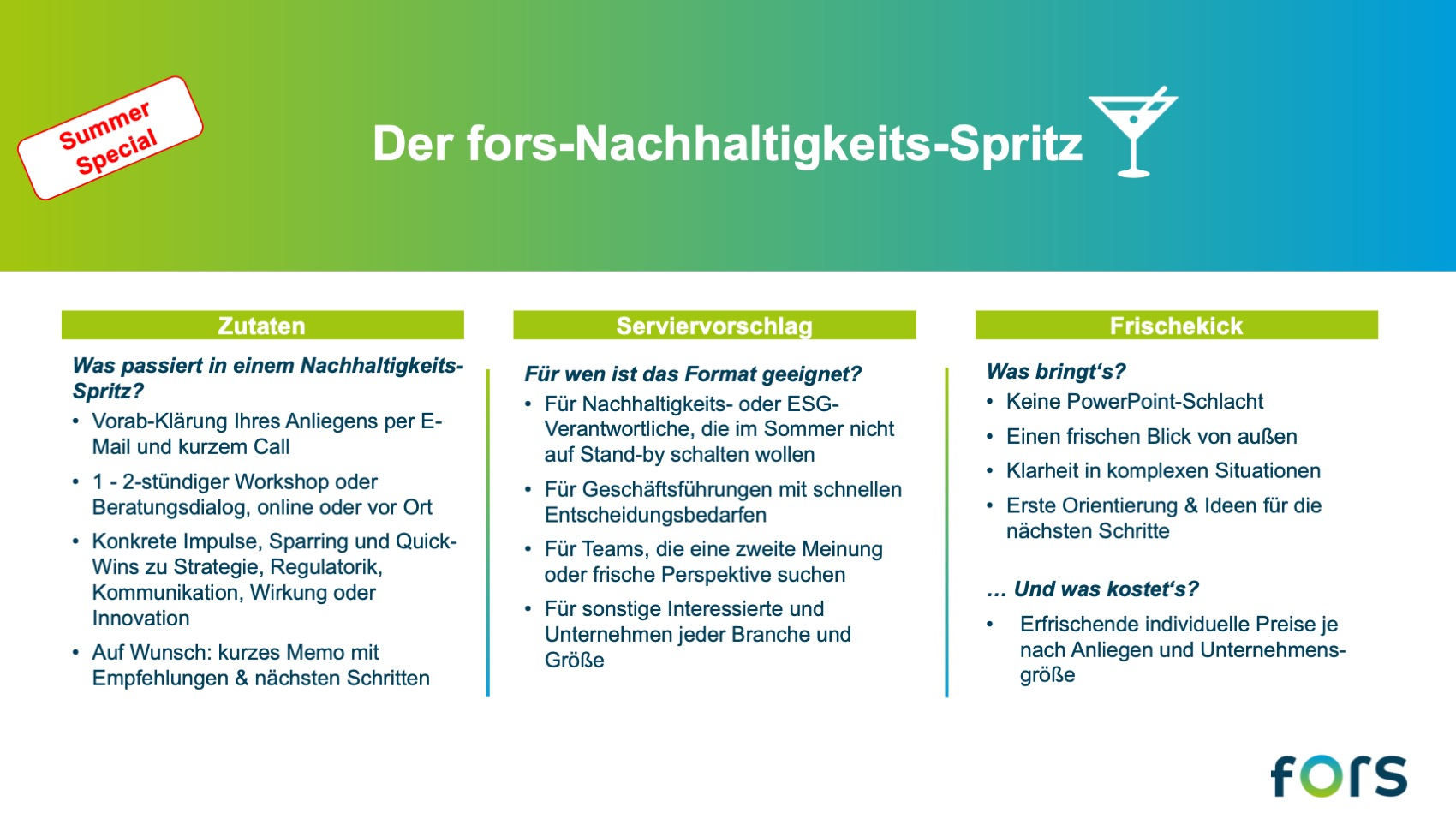 fors.earth Nachhaltigkeitsberatung Nachhaltigkeits-Spritz Angebot